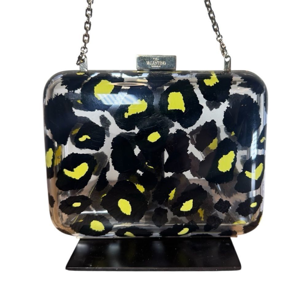 VALENTINO GARAVANI Black Yellow Leopard Print Acrylic Framed Clutch Chainlink